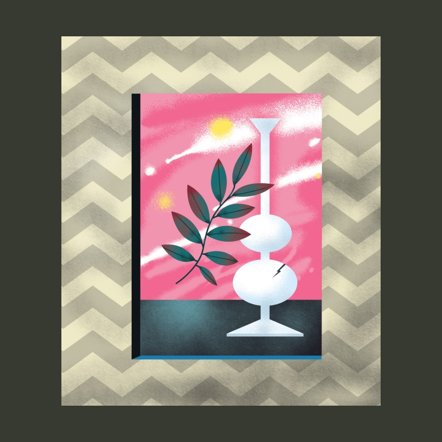 A window set into a geometric patterned wall. A vase and branch are set against a pink sky.