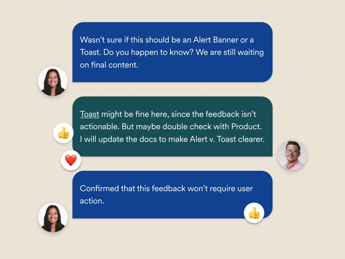 Chat bubbles between two designers